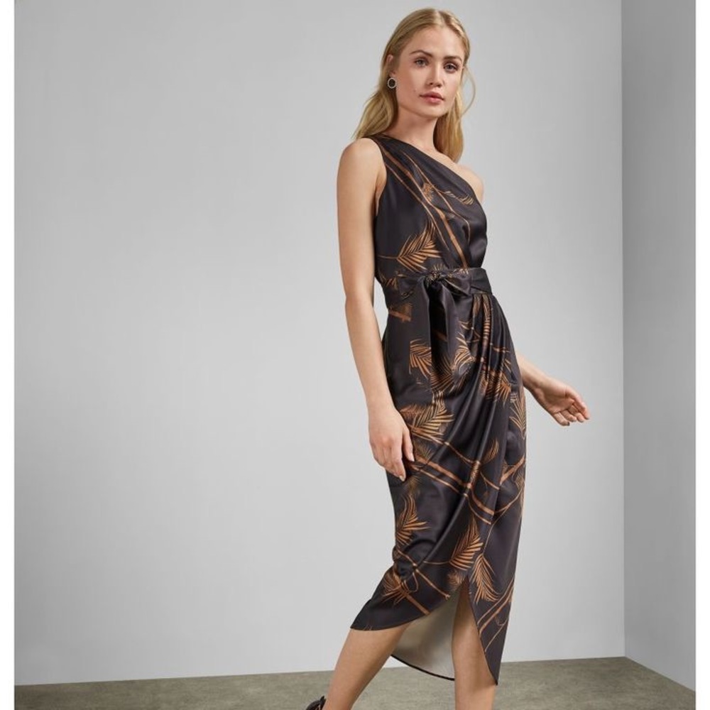 Ted Baker 4 Gabia One Shoulder Midi Dress, Black/Caramel, NWT. (Approx US 10)